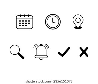 Date, Calendar, Time, Address, Magnifying glass, Bell, Right and Wrong icons symbol. Set isolated on white background flat vector illustration.