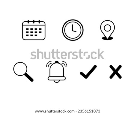 Date, Calendar, Time, Address, Magnifying glass, Bell, Right and Wrong icons symbol. Set isolated on white background flat vector illustration.