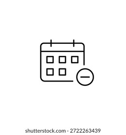 Datum Abbrechen, Ereignis löschen. Kalender und Minus. Pixel perfekt, bearbeitbares Strichvektorsymbol