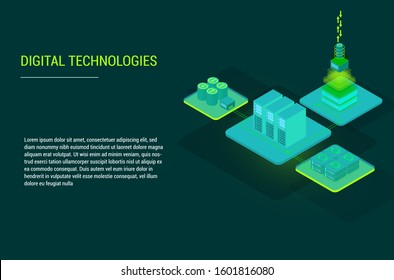 Date center isometric concept vector illustration. 