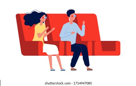 Date in cinema. Boy girl watch movie in 3d glasses. Flat cartoon couple on weekend entertainment vector illustration