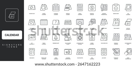 Date and circle arrows, clock and bell, lock and pencil on calendar sheet thin black symbols vector illustration. Calendar for time management, business appointment schedule line icon set.