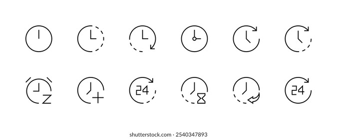 Date and clock icon collection. Time, clock, alarm, appointment, schedule, reminder, timer, stopwatch, hourglass, date and more. Editable stroke. Pixel Perfect. Grid base 32px.