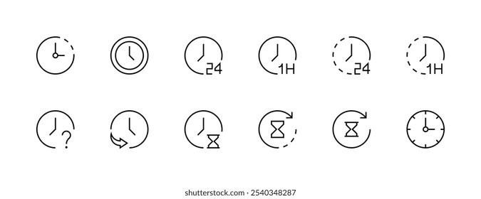 Date and clock icon collection. Time, clock, alarm, appointment, schedule, reminder, timer, stopwatch, hourglass and more. Editable stroke. Pixel Perfect. Grid base 32px.