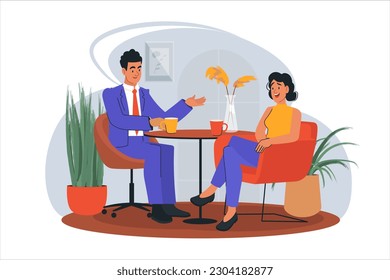 Date concept with people scene in the flat cartoon design. Young couple is actively discussing some topic over a cup of coffee. Vector illustration.