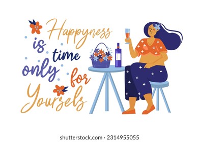 Date concept with woman scene in the flat cartoon design. A girl with a bottle of champagne celebrates an important date. Vector illustration.