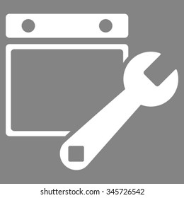 Date Configuration vector icon. Style is flat symbol, white color, rounded angles, gray background.