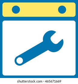 Date Configuration vector icon. Style is bicolor flat symbol, yellow and white colors, rounded angles, blue background.