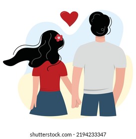 A date for a couple in love. Back view of a guy and a girl. Young man and woman are holding hands. The concept of love, unity, freedom and the union of people against the enemy. Flat vector design.
