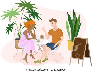 Fecha de pareja linda sentada en un café.  Novio y novia sentada, tomando café y hablando. Ilustración vectorial en estilo de dibujos animados planos