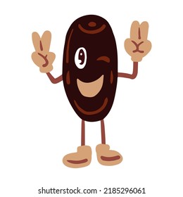 Date dried fruit character vector illustration. Funny hand drawn date with smile and gloves in 30s vintage style.  Adorable packaging, marketing cartoon element