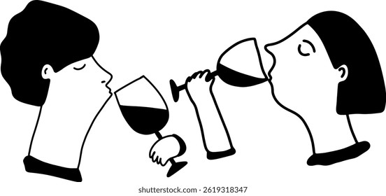 Date. Drinking Wine. Man and woman. Line Drawing Doodle	