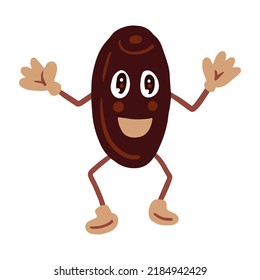 Date fruit cartoon character vector illustration. Cute hand drawn date dried fruit mascot with smile and gloves in 30s vintage style. Market packaging, advertising, healthy food concept design