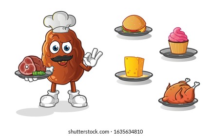date fruit chef with many types of food cartoon. including cheese, burgers, cupcakes, chicken and beef. cartoon mascot vector