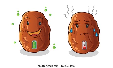 date fruit full battery good mod and low battery bad mod cartoon. cute chibi cartoon mascot vector