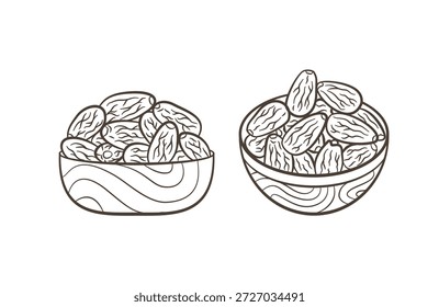 Fruta de la fecha dibujado a mano paquete de ilustración. Conjunto de diseño de Vector de doodle de comida de Ramadán. Frutas de palma de dátil de Ramadán en un tazón colección de ilustración de doodle.