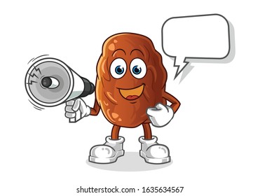 date fruit holding handy loudspeaker with bubble cartoon. cartoon mascot vector