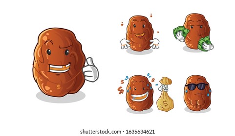 date fruit rich man 5 styles cartoon.  including holding money, gold necklaces, money bags, sunglasses. cute chibi cartoon mascot vector