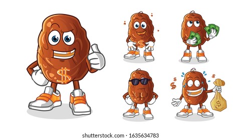 date fruit rich man 5 styles cartoon.  including holding money, gold necklaces, money bags, sunglasses. cartoon mascot vector