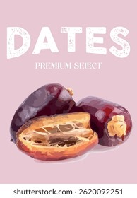 Date fruit. Vector design with text included. Isolated image, illustration, poster, logo, illustration.