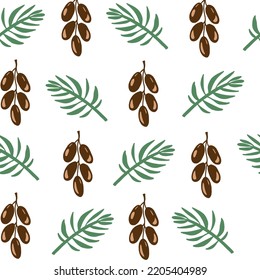 Date fruit vector seamless pattern. Hand drawn dates fruits seamless background with palm leaf, branch, frond for product packaging, wallpaper. Repeat flat vector illustration on white background
