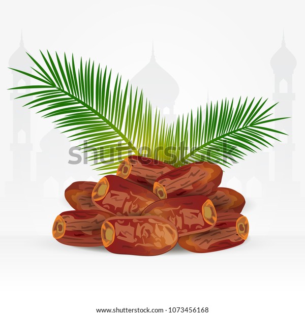 date fruits with palm leaves isolated on white\
background. ramadan iftar\
food