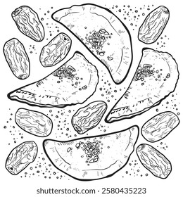 Date fruits and Qatayef outline drawing coloring page pattern