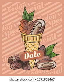 Date ice cream scoop in cone. Vector sketch illustration. Fruit ice cream idea, concept	