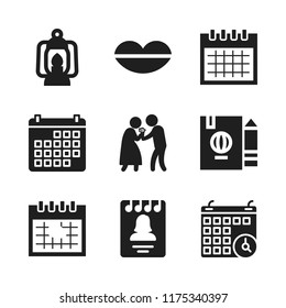 date icon. 9 date vector icons set. monthly calendar, lantern and seductive icons for web and design about date theme