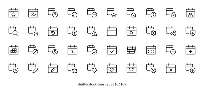 Icono de fecha, Calendario, agenda, Hoy, mañana, anterior. Marca la fecha, día de fiesta, día importante. Diario del planificador. Agregar, compartir y corregir el calendario. Iconos de línea delgada de Vector. Pictograma mínimo simple