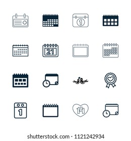 Date icon. collection of 16 date filled and outline icons such as calendar, calendar with clock, heart ribbon, 1st day calendar. editable date icons for web and mobile.