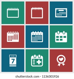 Date icon. collection of 9 date filled icons such as calendar, heart ribbon. editable date icons for web and mobile.