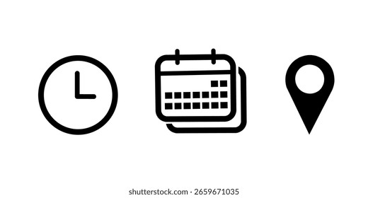 date icon, event information icon, date time and place information icon.