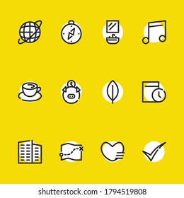 Date icon with favorite, compass and restroom symbols. Set of tick, favorite, moneybox icons and timer concept. Editable vector elements for logo app UI design.