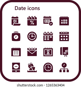  date icon set. 16 filled date icons. Simple modern icons about  - Calendar, Clock, Agenda, Event, Time