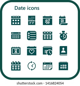 date icon set. 16 filled date icons.  Simple modern icons about  - Calendar, Reminder, Clock, Deadline, Agenda, Time