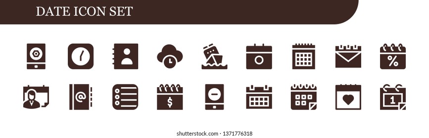 date icon set. 18 filled date icons.  Simple modern icons about  - Event, Clock, Agenda, Time, Calendar, Reminder