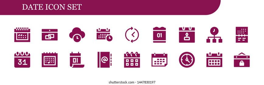 date icon set. 18 filled date icons.  Collection Of - Calendar, Time, Schedule, Agenda, Clock, Event