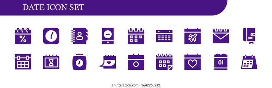 date icon set. 18 filled date icons. Included Calendar, Clock, Agenda, Event icons
