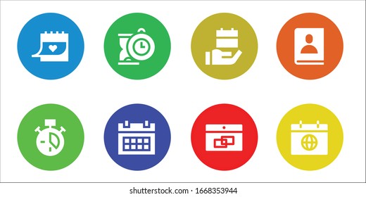 date icon set. 8 filled date icons. Included Calendar, Clock, Agenda icons