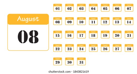 Date Icon Set in August On a white background