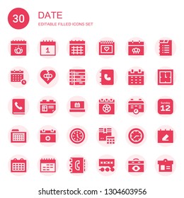 date icon set. Collection of 30 filled date icons included Calendar, Broken heart, Schedule, Agenda, Clock, Deadline