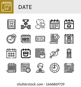 date icon set. Collection of Appointment, Agenda, Schedule, Hearts, Calendar, Time, Digital clock, Time management, Wedding date, Delivery date, Clock, Planner icons