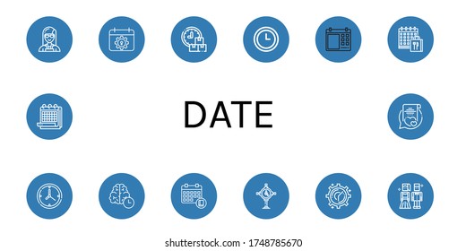 date icon set. Collection of Planner, Calendar, Schedule, Clock, Time, Prom night, Vows icons