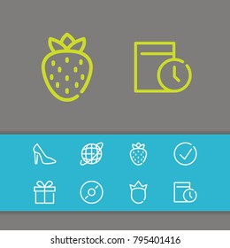 Date icon with strawberry, approved and internet editable symbols. Set of correct, cd, approved icons and surprise concept. Editable vector elements for logo app UI design.
