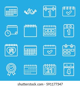 date icons set. Set of 16 date outline icons such as calendar, heart ribbon, lovebirds