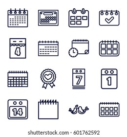 date icons set. Set of 16 date outline icons such as calendar, heart ribbon