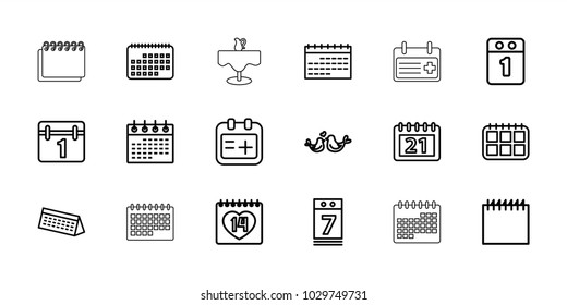 Date icons. set of 18 editable outline date icons: calendar, lovebirds, medical appointment, 1st day calendar