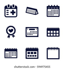 date icons set. Set of 9 date filled icons such as calendar, heart ribbon