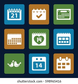 date icons set. Set of 9 date filled icons such as lovebirds